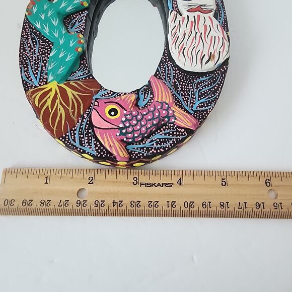 VTG Oaxacan Carved Wood Mirror Frame Oval Handed Paint Fish Cactus Bird Fox 7" - Picture 9 of 14
